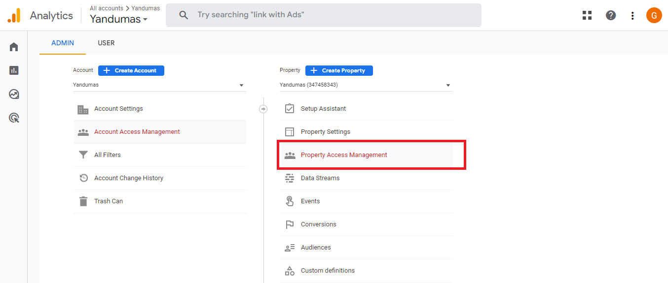Granting permissions to your Analytics property